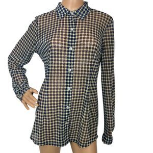 Cabi Sheer Gingham Plaid Print Button Up Top Shirt Size Navy Blue Western Office